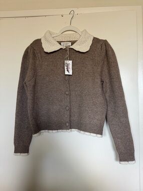 Women’s Jessica Simpson Cardigan Sweater Crochet Collar Cream & Brown size S